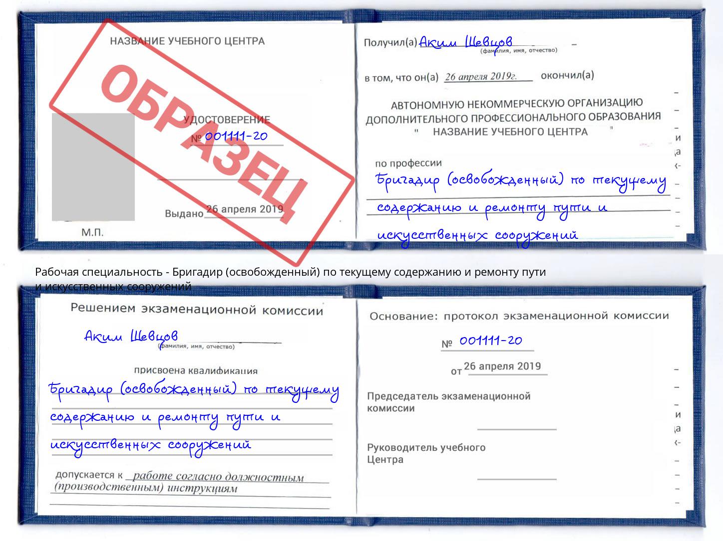 Бригадир (освобожденный) по текущему содержанию и ремонту пути и искусственных сооружений Лесной