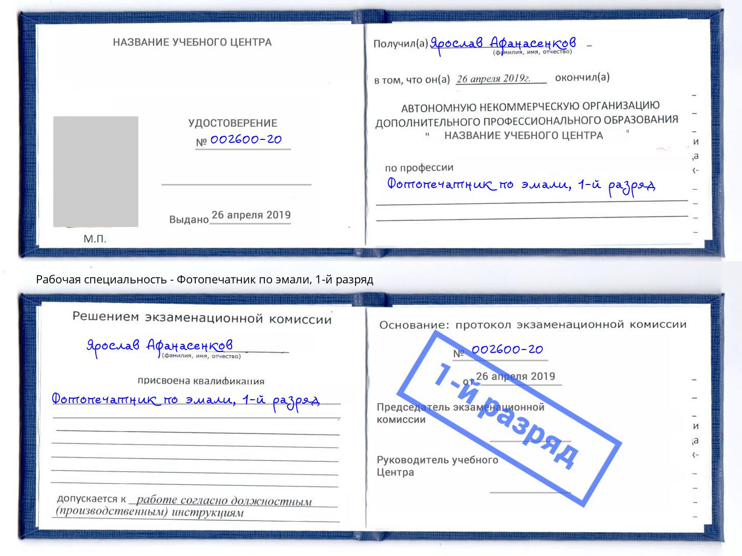 корочка 1-й разряд Фотопечатник по эмали Лесной