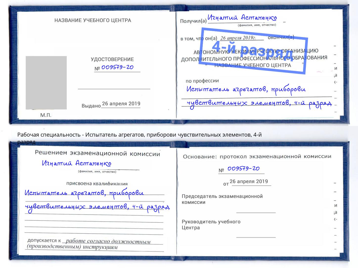 корочка 4-й разряд Испытатель агрегатов, приборови чувствительных элементов Лесной