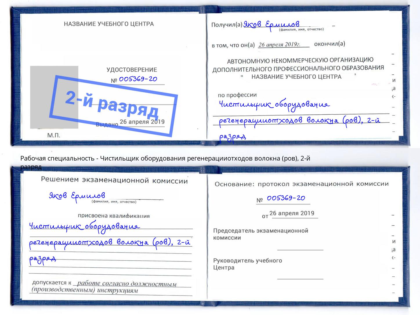 корочка 2-й разряд Чистильщик оборудования регенерацииотходов волокна (ров) Лесной