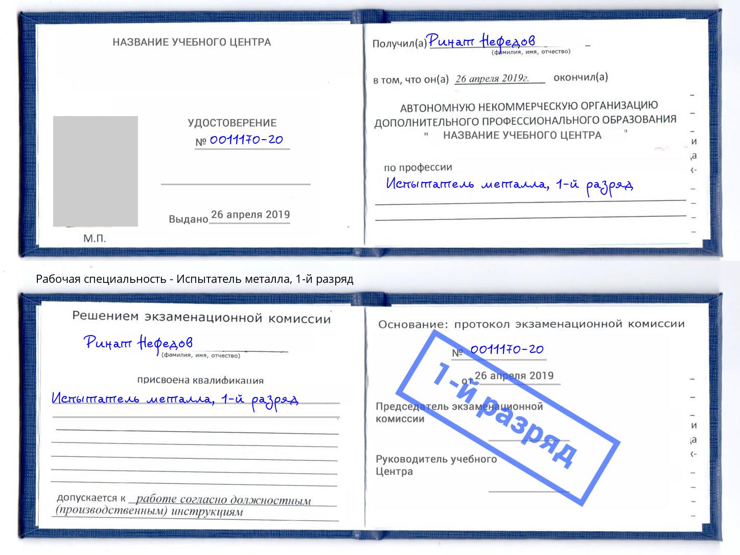 корочка 1-й разряд Испытатель металла Лесной