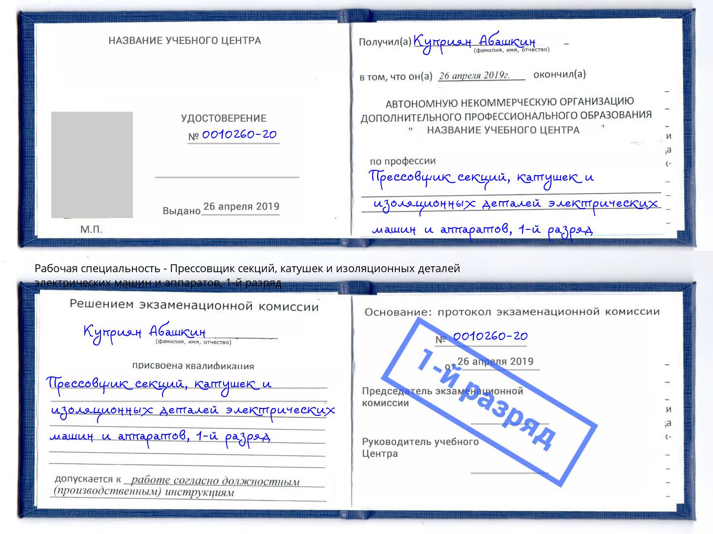 корочка 1-й разряд Прессовщик секций, катушек и изоляционных деталей электрических машин и аппаратов Лесной