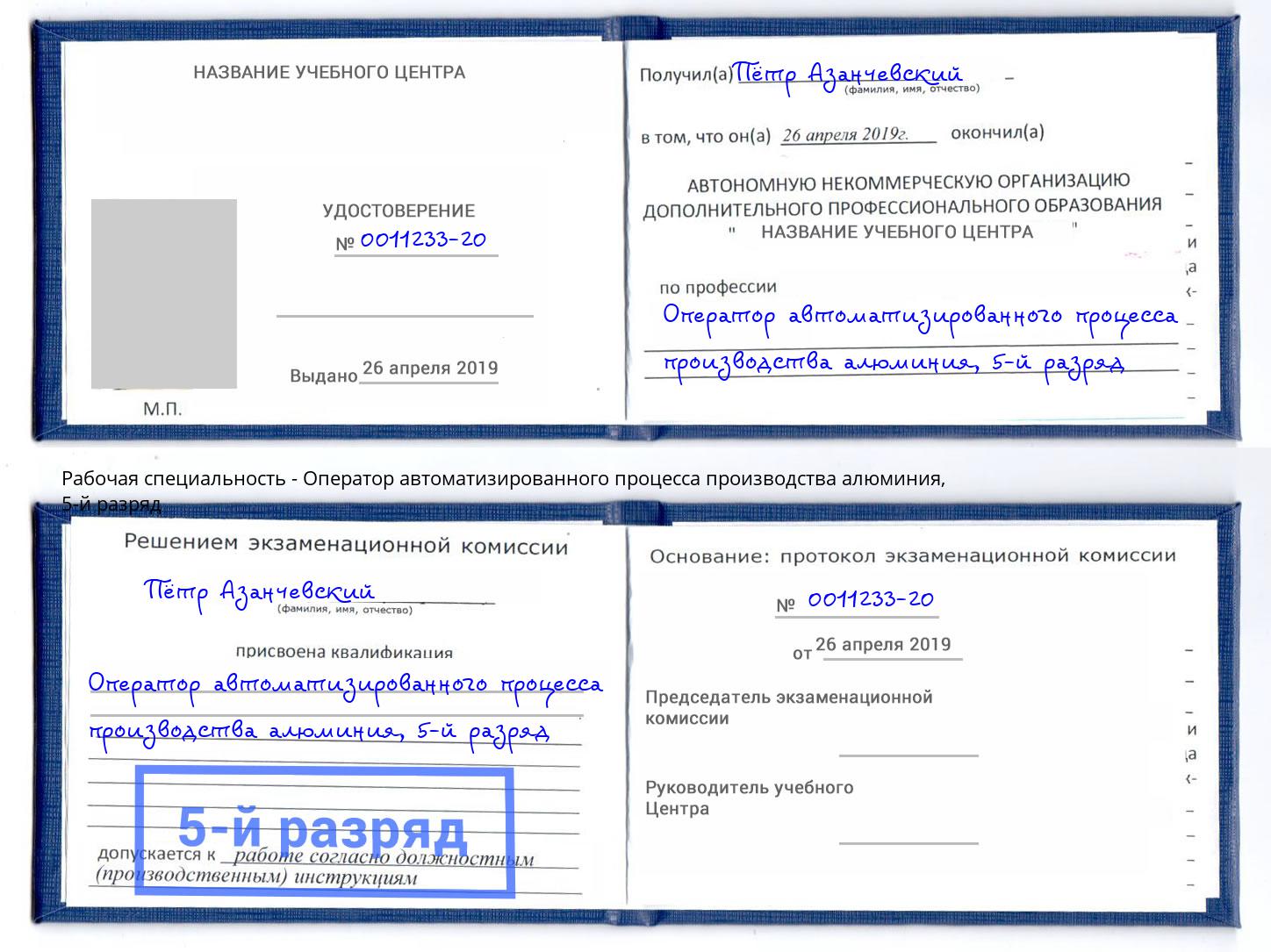 корочка 5-й разряд Оператор автоматизированного процесса производства алюминия Лесной